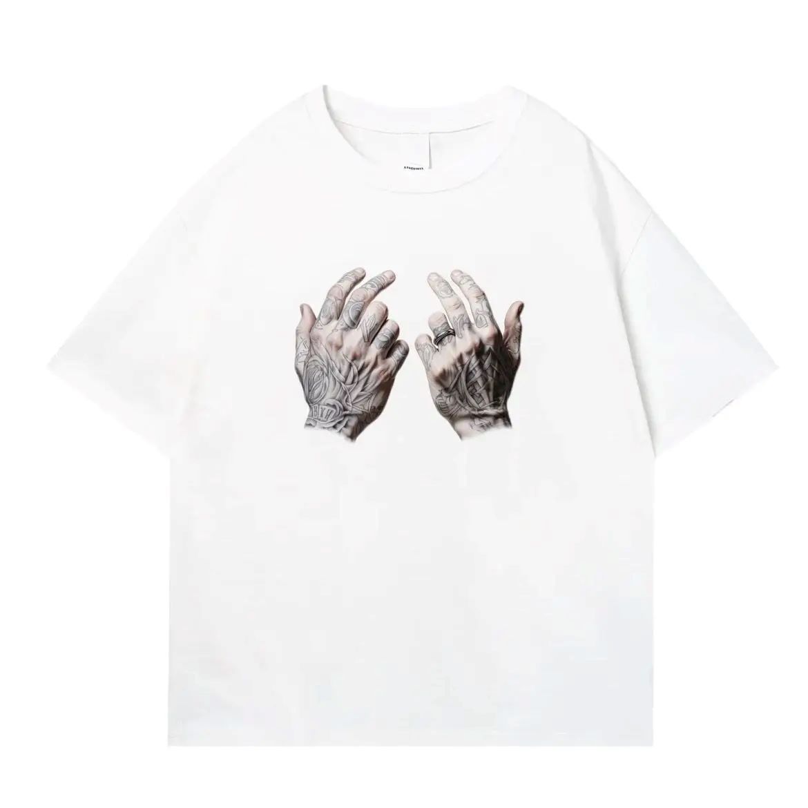 Men's Summer Heavyweight Tattoo Hands Solid Color Printing T-shirt