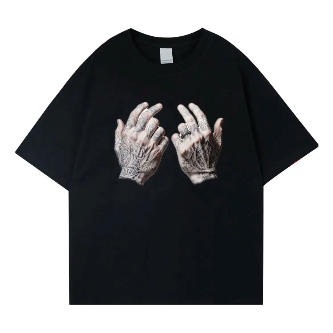 Men's Summer Heavyweight Tattoo Hands Solid Color Printing T-shirt